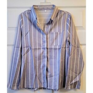 Gray White Striped Button Down Shirt Large Long Sleeve